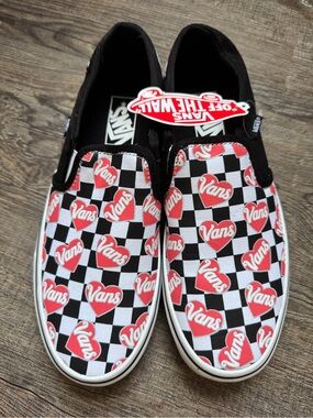 Vans Slip-On Checkerboard Heart Sneakers - Black/White/Red